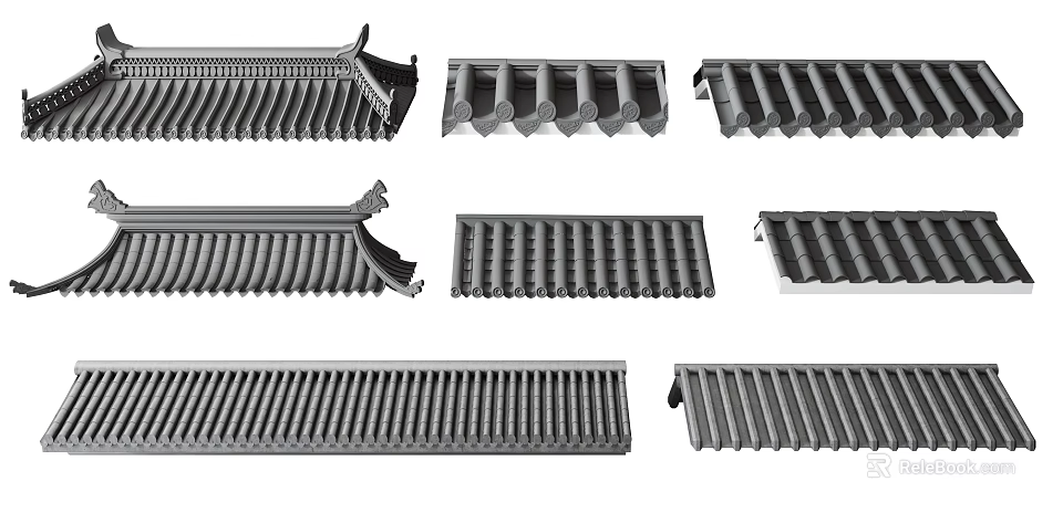 Traditional Roof Construction Components In Gray With Various Designs And Shapes 3d model 