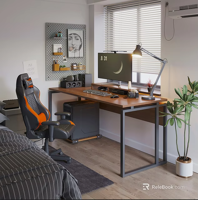 Modern Desk Setup with Orange Accent Gaming Chair Monitor Lamp and Potted Plant 3d model 