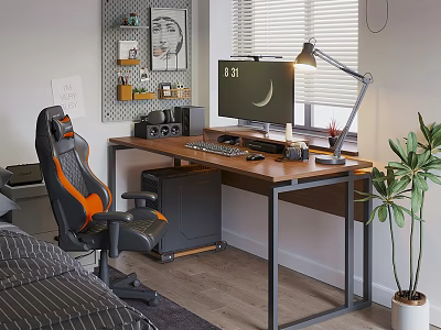 Modern Desk Setup with Orange Accent Gaming Chair Monitor Lamp and Potted Plant 3d model
