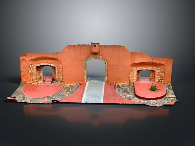 Scenic View Featuring Red Archway Wall Red Ground Gray Path Small Plant And Architectural Structure 3d model