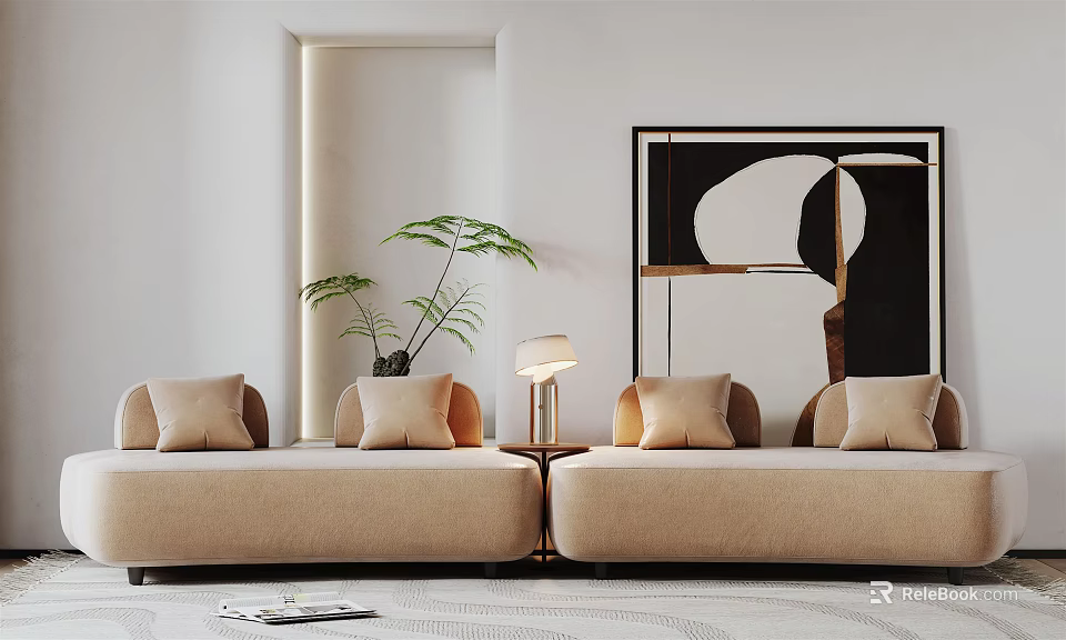 Elegant Modern Multi person Sofa With Cushions Side Table Lamp Potted Plant And Wall Art 3d model 