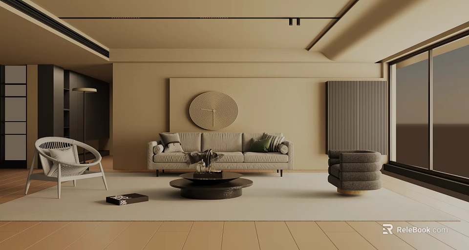 Modern Living Room Interior Design With Neutral Sofa Coffee Table And Decorative Wall Art 3d model 