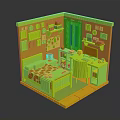 Cartoon Bedroom Scene Featuring Bed Desk Computer Wall Decorations and Shelf 3d model