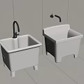 Double White Utility Sinks With Black Faucets In Tiled Bathroom Space