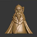 Old Man Bearded Golden Statue With Cloak Holding Staff Shiny Surface On Dark Background