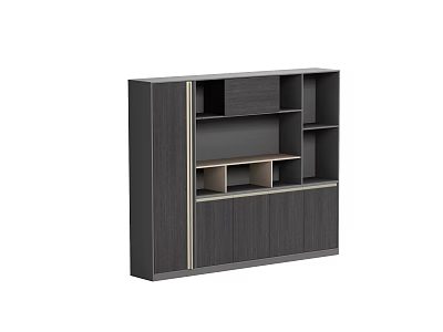 Modern Dark Wood Bookcase With Closed Cabinets Open Shelves And Metal Trim 3d model