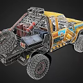 Yellow Modified Off Road Truck With Number 134 Roof Lights And Big Tires