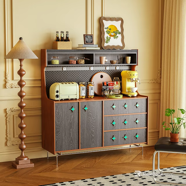 Wooden Sideboard With Green Handles Coffee Machine Toaster Spices And Decorative Items Against Beige Wall 3d model 