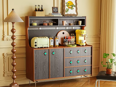 Wooden Sideboard With Green Handles Coffee Machine Toaster Spices And Decorative Items Against Beige Wall 3d model