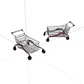 Two Metal Shopping Carts With Red Handles And Wheels On White Background