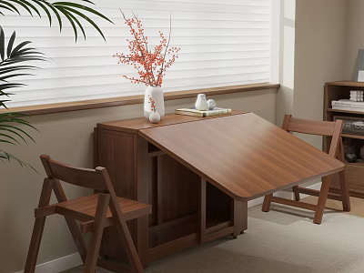 Foldable Wooden Dining Table Set With Matching Chairs Vase Red Flowers And Window Blinds 3d model