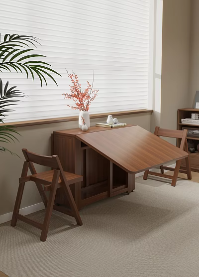 Foldable Wooden Dining Table Set With Matching Chairs Vase Red Flowers And Window Blinds 3d model