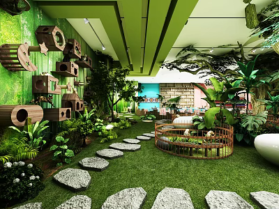 Natural Themed Indoor Playground With Green Plants Stepping Stones And Wooden Hives 3d model