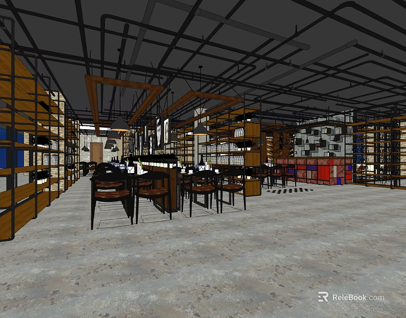 Modern Café Interior Design With Tables Chairs Bookshelves Hanging Lights And Concrete Floor 3d model 