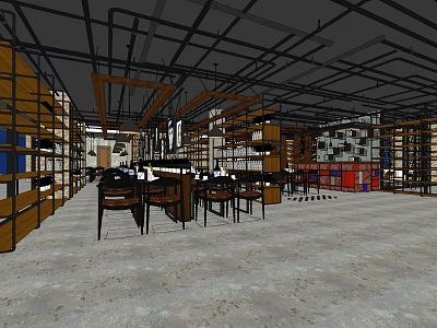 Modern Café Interior Design With Tables Chairs Bookshelves Hanging Lights And Concrete Floor 3d model