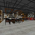 Modern Café Interior Design With Tables Chairs Bookshelves Hanging Lights And Concrete Floor