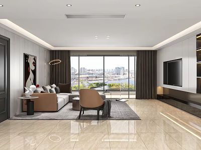 Modern Living Dining Room Interior With Floor to Ceiling Windows City View Sofa TV Wall 3d model
