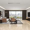 Modern Living Dining Room Interior With Floor to Ceiling Windows City View Sofa TV Wall