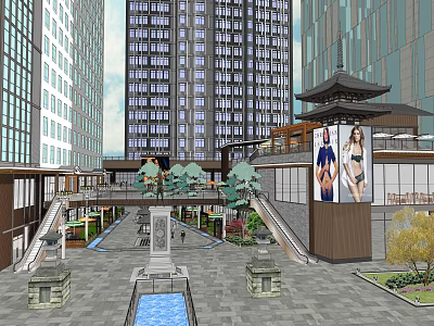Modern Commercial Complex With High Rise Buildings Plaza Footbridge Trees And Fountain 3d model