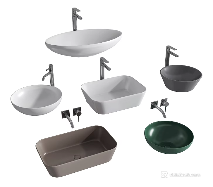 Contemporary Washbasins Collection with Various Shapes Colors Sizes and Stylish Faucets 3d model 