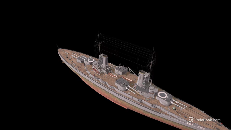 Battleship Warship Side View With Masts Funnels Turrets And Wooden Deck 3d model 