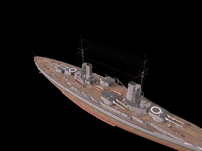 Battleship Warship Side View With Masts Funnels Turrets And Wooden Deck 3d model