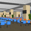 Spacious Dining Hall Interior With Blue Orange Chairs Grid Ceiling And Large Windows 3d model