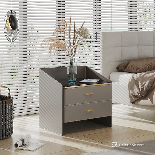 Modern Gray Nightstand with Drawers Gold Handles Topped with Glass Vase Dried Plants 3d model 