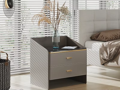 Modern Gray Nightstand with Drawers Gold Handles Topped with Glass Vase Dried Plants 3d model