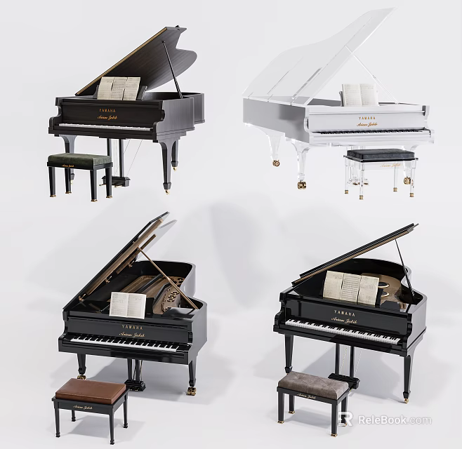 Grand Pianos As Musical Instruments With Black And White Colors Matching Stools Open Music Sheets 3d model 