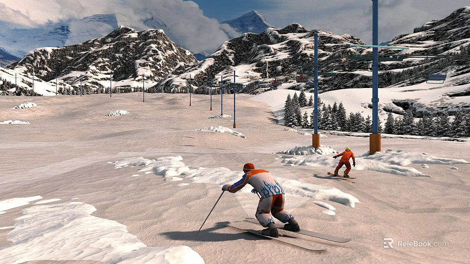 Stunning Snowy Alpine Ski Resort Natural Landscape With Skiers Sliding Down The Wide Smooth Slope 3d model 