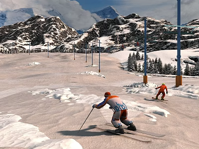 Stunning Snowy Alpine Ski Resort Natural Landscape With Skiers Sliding Down The Wide Smooth Slope 3d model