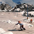 Stunning Snowy Alpine Ski Resort Natural Landscape With Skiers Sliding Down The Wide Smooth Slope