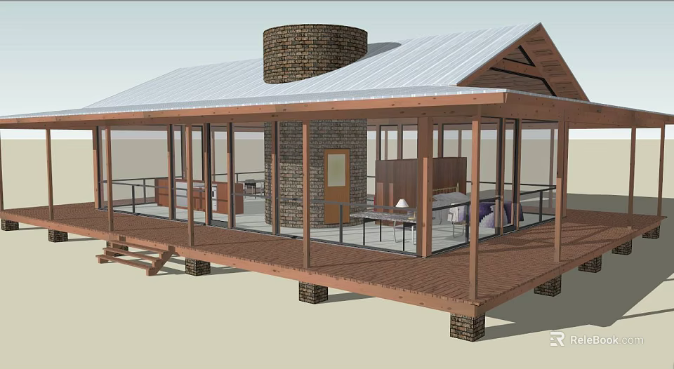Detached Villa With White Roof Brick Chimney And Large Glass Windows On Wooden Deck 3d model 