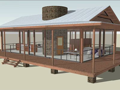 Detached Villa With White Roof Brick Chimney And Large Glass Windows On Wooden Deck 3d model
