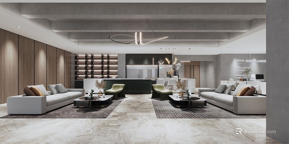 Modern Tea Room Interior With Sofas Coffee Tables Plants Pendant Lights Wine Racks And Counter 3d model 