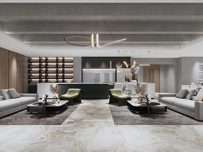 Modern Tea Room Interior With Sofas Coffee Tables Plants Pendant Lights Wine Racks And Counter 3d model