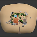 Cartoon Beach Scene With Palm Trees Wooden Platform Swimming Pool Rocks And Bridge