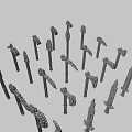 Assorted Weapons Collection Featuring Swords Axes Hammers in Diverse Colors Radial Arrangement