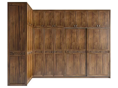 Traditional Wooden Wardrobe With Carved Details And Multiple Built In Doors 3d model