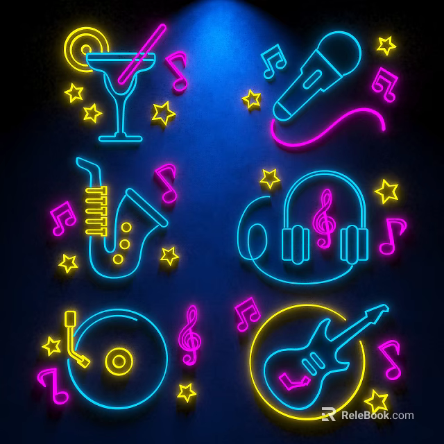 Neon Decorative Lights with Music Instruments Notes Stars and Vibrant Colors on Dark Background 3d model 