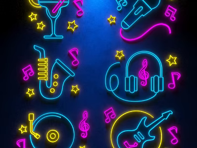 Neon Decorative Lights with Music Instruments Notes Stars and Vibrant Colors on Dark Background 3d model