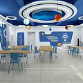 School Space Exploration Classroom With Blue White Design Ceiling Planet Decorations Tables Chairs 3d model