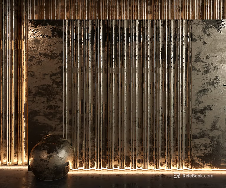 Modern Metallic Background Wall With Vertical Stripes And Golden Lighting Accent Decor 3d model
