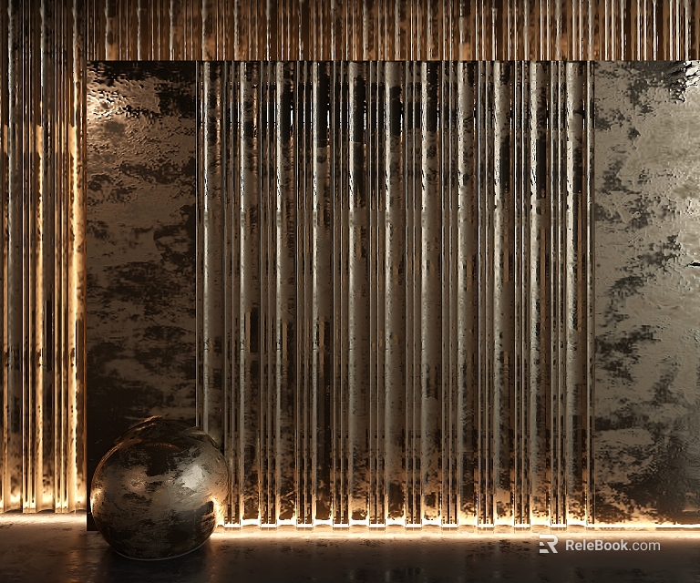 Modern Metallic Background Wall With Vertical Stripes And Golden Lighting Accent Decor 3d model 