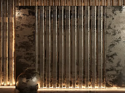 Modern Metallic Background Wall With Vertical Stripes And Golden Lighting Accent Decor 3d model
