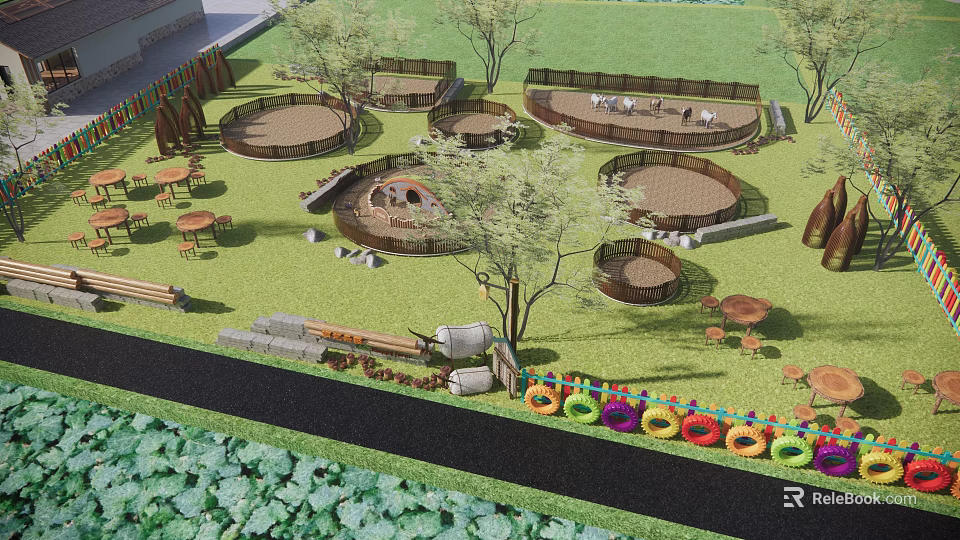 Outdoor Children's Activity Area With Circular Sandpits Trees And Colorful Tire Swings 3d model 