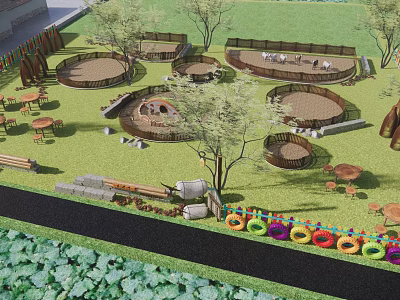 Outdoor Children's Activity Area With Circular Sandpits Trees And Colorful Tire Swings 3d model