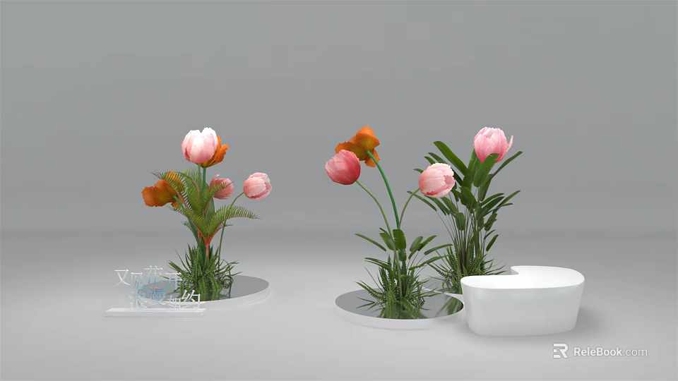 Floral Display With Pink And Orange Flowers Green Leaves Round Bases And White Bowl 3d model 