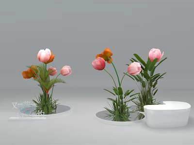 Floral Display With Pink And Orange Flowers Green Leaves Round Bases And White Bowl 3d model